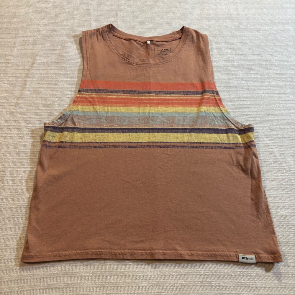 Prana Womens Muscle Tank Top Small Terracotta Striped Sleeveless Cotton Blend